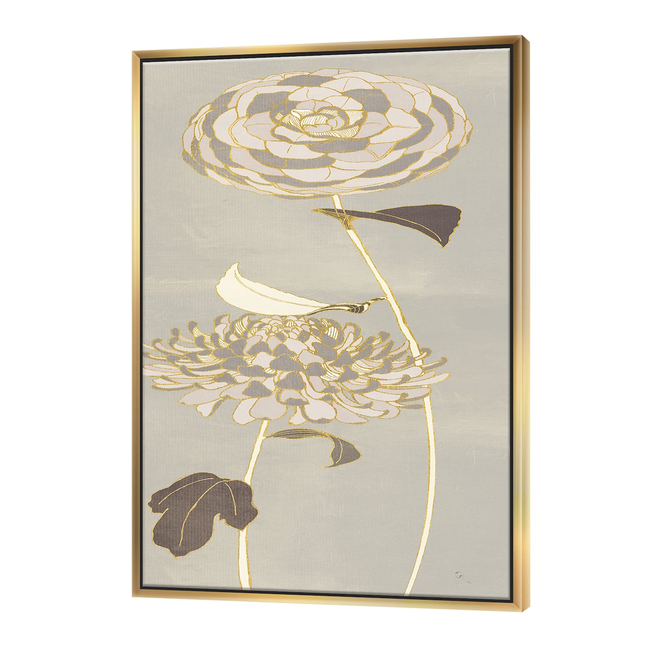 Designart - Gold Metallic Floral Garden III - Modern Glam Canvas in Gold Frame